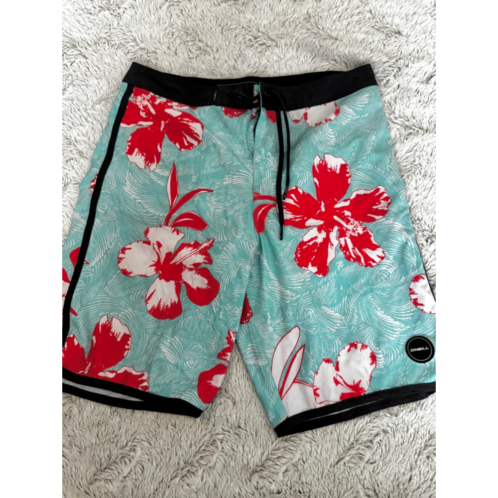 O’Neil 19 Inch Mens Fluoro BoardShorts Teal and Hawaiian Hibiscus Florals Sz 29